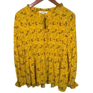 ROSE + OLIVE Floral Tie Neck Top M Yellow